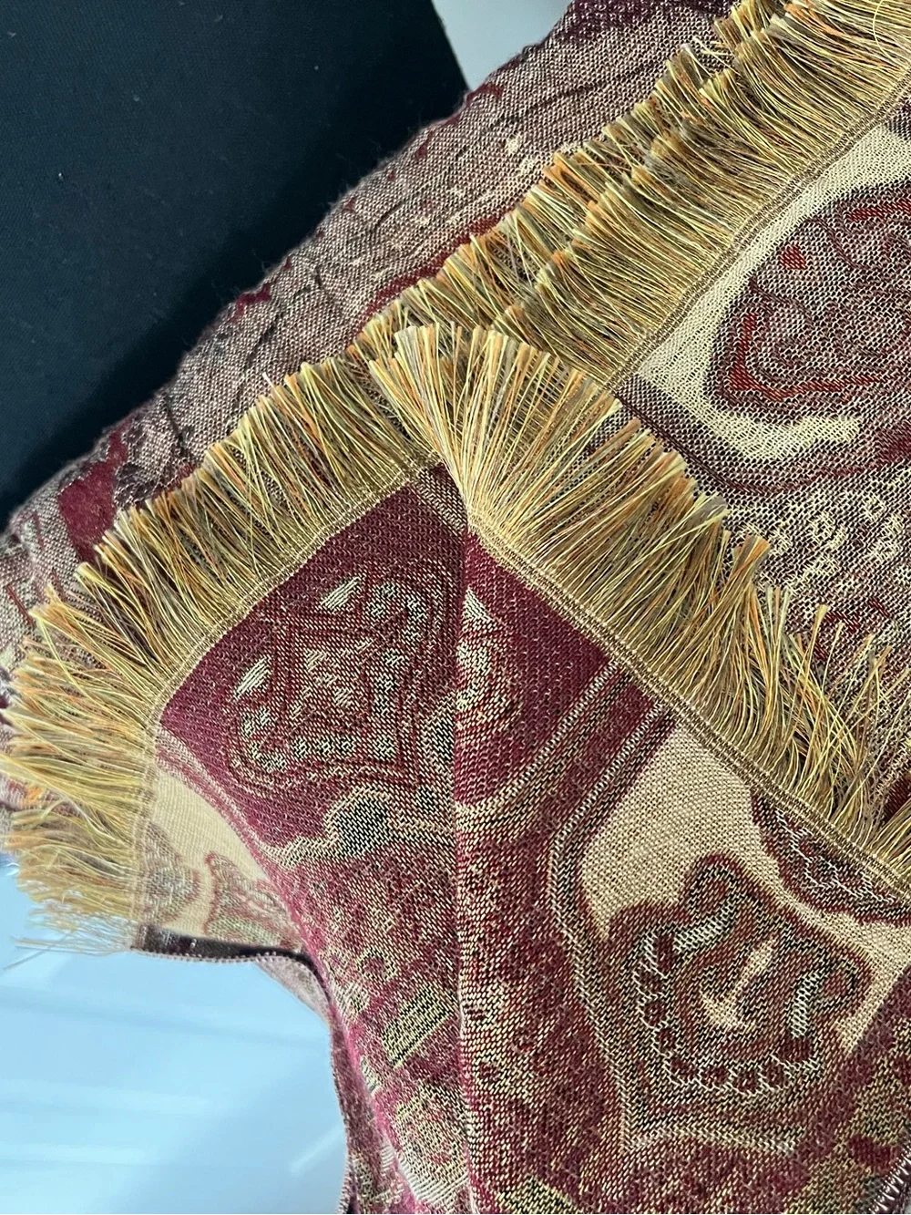 Vintage Paisley Fringe Scarf Shawl Wrap – Burgundy, Gold & Tan
